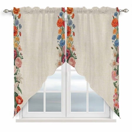 Swag Valance Curtains for Windows  Colorful Roses Floral Light Filtering Kitchen Curtains with Rod Pocket  Farmhouse Spring Flowers Vintage Window Tre
