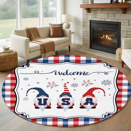 Independence Day Washable Round Area Rug 6 Ft  USA Gnomes on Blue Red Buffalo Plaid  Soft Non Slip Rugs Stain Repellent Indoor Felt Carpet for Living 