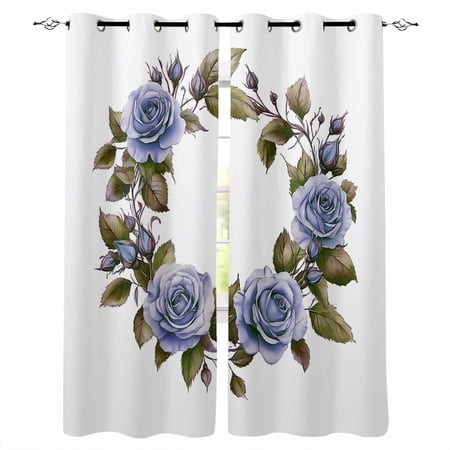 Retro Flower Kitchen Curtains Blue Rose Floral Farmhouse Leaf Modern Cafe Short Curtains for Bathroom Blackout Window Curtain Grommet Small Window Tre