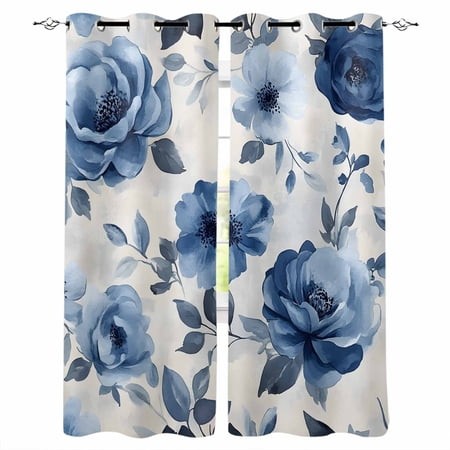 Blue Floral Kitchen Curtains Watercolor Country Flower Pastoral Rose Cafe Short Curtains for Bathroom Blackout Window Curtain Grommet Small Window Tre