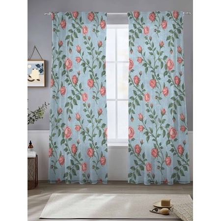 Sheer Curtains 96 Inches Long 2 Panels  Farm Pink Rose Flower Rod Pocket Curtain Voile Draperies  Watercolor Country Floral Light Filtering Window Tre
