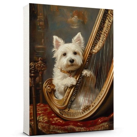 West Highland White Terrier Dog Playing Harp Stretched Canvas Size 8x12 – Music Dog  Perfect for Animal Lovers  West Highland White Terrier Dog Canv