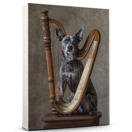 Australian Stumpy Tail Cattle Cute Dog Harp Stretched Canvas Size 8x12 – Retro Australian Stumpy Tail Cattle Dog Batter in Action with Harp for Them