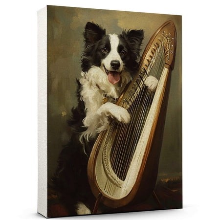 Border Collie Cute Dog Harp Stretched Canvas Size 8x12 – Retro Border Collie Dog Batter in Action with Harp for Themed Living Room