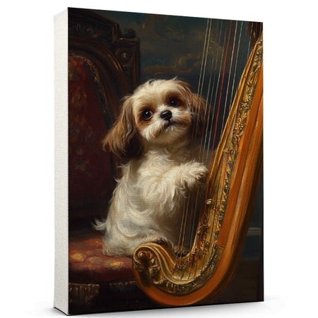 Shih Tzu Cute Dog Harp Stretched Canvas Size 8x12 – Retro Shih Tzu Dog Batter in Action with Harp for Themed Living Room