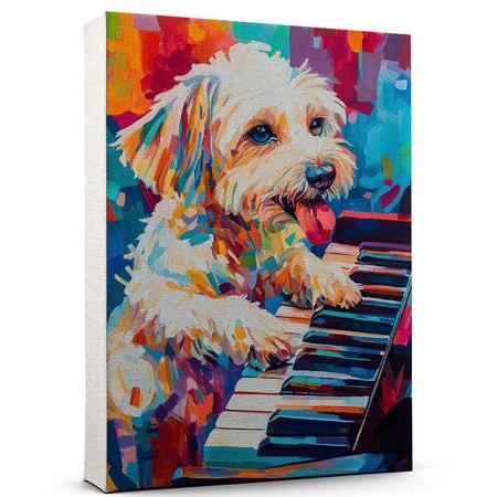 Bolognese Dog Piano Stretched Canvas Size 8x12 – Funny Bolognese Dog Playing Piano Canvas Wall Art for Music Lovers  Pet Lovers  Home Decor