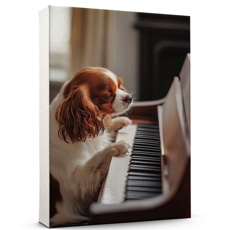 English Toy Spaniel Dog Piano Stretched Canvas Size 8x12 – Funny English Toy Spaniel Dog Playing Piano Canvas Wall Art for Music Lovers  Pet Lovers 