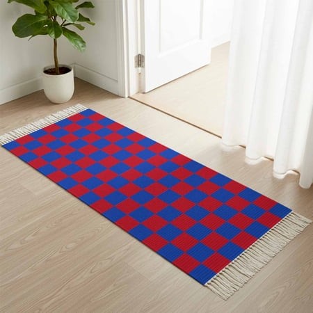 Area Rug with Tassels 2  X 6   Independence Day Blue Red Buffalo Plaid Kitchen Runner Rug for Hallway Bedroom Throw Rugs  Gingham Check Soft Door Mat 