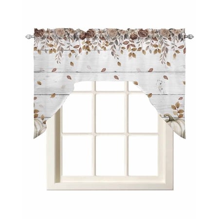 Beige Pumpkin Fall Swag Valances for Windows  Small Curtains Drapes  Thanksgiving Roses Eucalyptus Wooden Kitchen Window Curtains Over Sink Window Tre