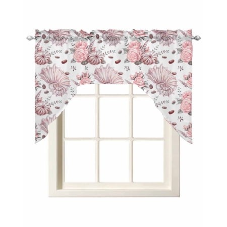 Pink Spring Floral Swag Valances for Windows  Small Curtains Drapes  Watercolor Roses Pastoral Kitchen Window Curtains Over Sink Rod Pocket Window Tre