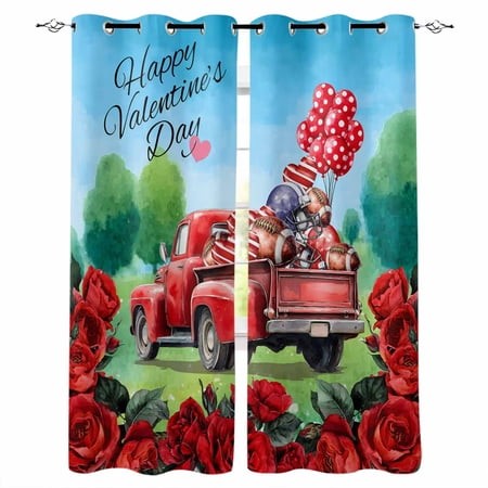 Valentine S Day Blackout Curtains 90 Inch Length 2 Panels Set for Living Room Bedroom  Red Love Truck Roses Balloons Footballs Blue Privacy Window Tre