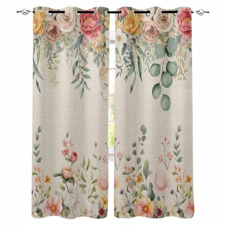 Watercolor Floral Kitchen Curtains Spring Roses Eucalyptus Leaf Plants Beige Cafe Short Curtains for Bathroom Blackout Window Curtain Small Window Tre