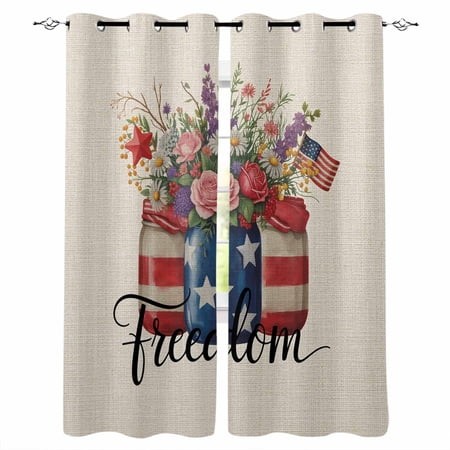 Independence Day Kitchen Curtains Spring Roses Flowers US Flag Rustic Plants Cafe Short Curtains for Bathroom Blackout Window Curtain Small Window Tre