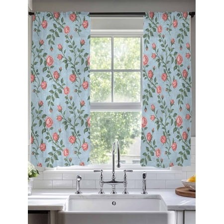 Sheer Curtains 63 Inches Long 2 Panels  Farm Pink Rose Flower Rod Pocket Curtain Voile Draperies  Watercolor Country Floral Light Filtering Window Tre