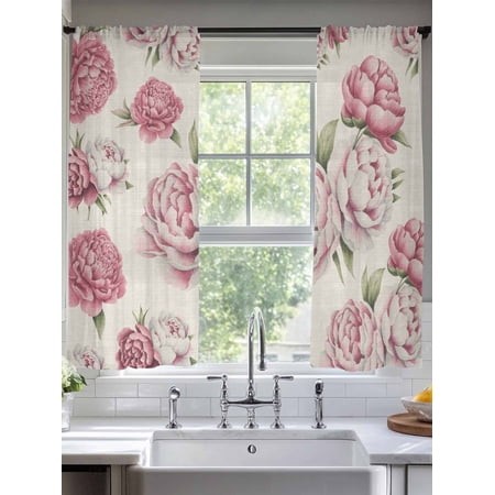 Sheer Curtains 63 Inches Long 2 Panels  Vintage Country Flower Rose Rod Pocket Curtain Voile Draperies  Abstract Floral Art Light Filtering Window Tre