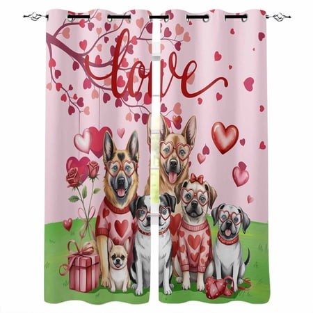 Valentine S Day Blackout Curtains 90 Inch Length 2 Panels Set for Living Room Bedroom  Watercolor Funny Dogs Love Roses Spring Pink Privacy Window Tre