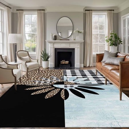 Daisy Washable Area Rug 6 X 9 Ft Black White Buffalo Check Leopard Black Sky Blue  Soft Non Slip Rugs Stain Repellent Indoor Felt Carpet for Living Di