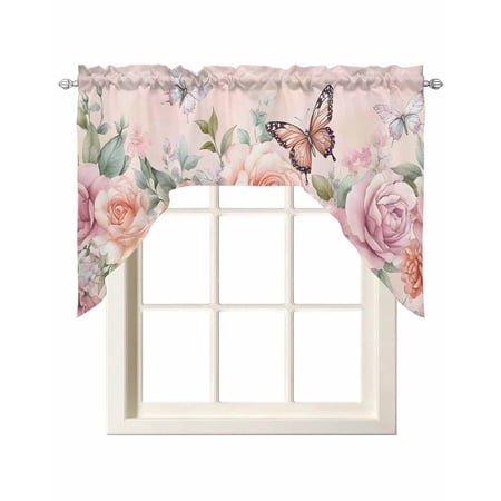 Pink Roses Blossom Swag Valances for Windows  Small Curtains Drapes  Vintage Butterfly Romantic Butterfly Kitchen Window Curtains Over Sink Window Tre