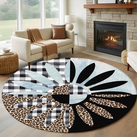 Daisy Washable Round Area Rug 6 Ft  Black White Buffalo Check Leopard Black Sky Blue  Soft Non Slip Rugs Stain Repellent Indoor Felt Carpet for Living