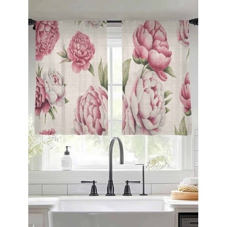 Sheer Curtains 54 Inches Long 2 Panels  Vintage Country Flower Rose Rod Pocket Curtain Voile Draperies  Abstract Floral Art Light Filtering Window Tre