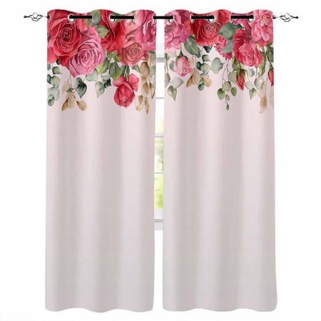 Red Roses Valentine S Day Blackout Curtains for Bedroom 45 Inch Length 2 Panels Set  Romantic Floral Leaves Thermal Insulated Energy Saving Window Tre