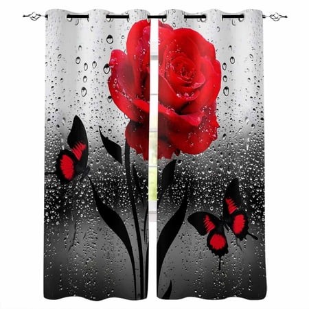 Valentine S Day Blackout Curtains 90 Inch Length 2 Panels Set for Living Room Bedroom  Red Rose Floral Watercolor Butterfly Flowers Privacy Window Tre