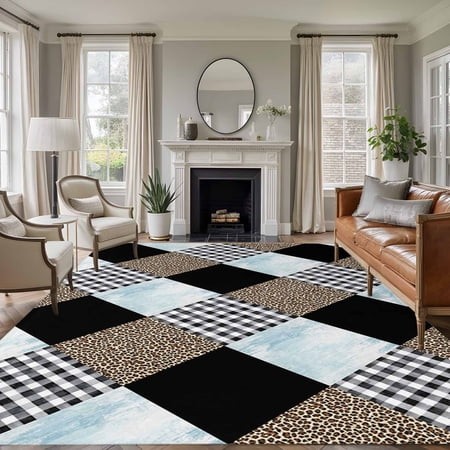 Geometric Patchwork Washable Area Rug 6 X 9 Ft Leopard Black Buffalo Plaid Blue Marble  Soft Non Slip Rugs Stain Repellent Indoor Felt Carpet for Livi