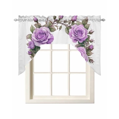 Purple Rose Swag Valances for Windows  Small Curtains Drapes  Spring Flower Watercolor Modern Floral Leaf Kitchen Window Curtains Over Sink Window Tre