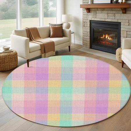 Round Area Rug 6 Ft  Pink Blue Plaid Washable Non-Slip Circle Carpet for Living Room/Bedroom  Buffalo Checkered Modern Gingham Lattice Low-Profile Ind