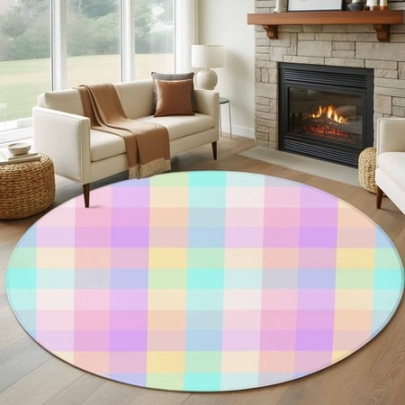 Round Area Rug 6 Ft  Pink Blue Washable Non-Slip Circle Carpet for Living Room/Bedroom  Buffalo Plaid Checker Modern Gingham Lattice Low-Profile Indoo