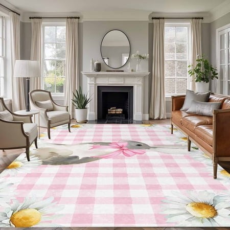 Rectangle Area Rugs 6 X 9 Ft  Blue Easter Bunny Non-Slip Residential Carpet  Spring Daisy Modern Pink Buffalo Plaid Indoor Crawling Mats Runner Rugs f