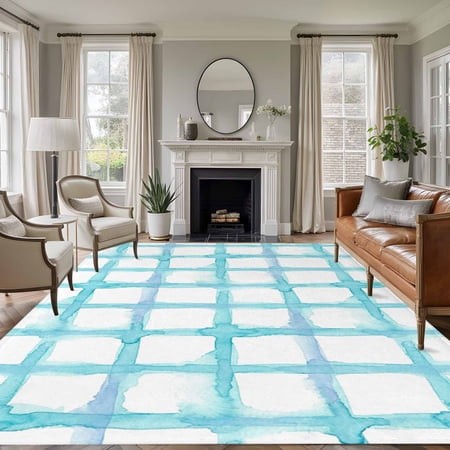 Rectangle Area Rugs 6 X 9 Ft  Blue Plaid Non-Slip Residential Carpet  Farmhouse Buffalo Check Stripes Modern Geometric Indoor Crawling Mats Runner Rug