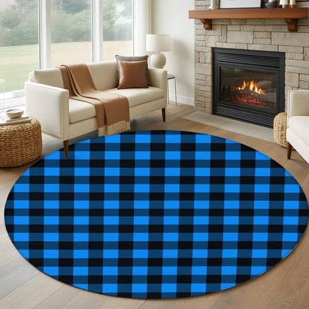 Round Area Rug 6 Ft  Black Blue Plaid Washable Non-Slip Circle Carpet for Living Room/Bedroom  Country Buffalo Checked Gingham Low-Profile Indoor Mats