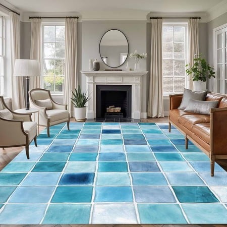 Rectangle Area Rugs 6 X 9 Ft  Teal Blue Checkered Non-Slip Residential Carpet  Farmhouse Plaid Buffalo Elegant Geometric Indoor Crawling Mats Runner R