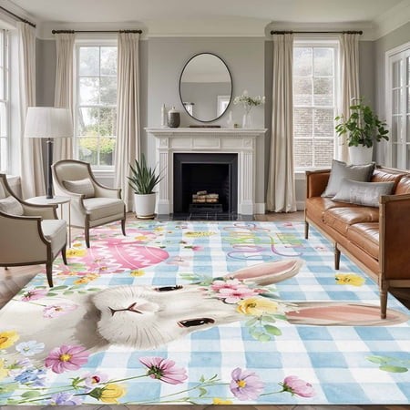 Rectangle Area Rugs 6 X 9 Ft  Blue Easter Non-Slip Residential Carpet  Spring Easter Bunny Eggs Floral Buffalo Plaid Indoor Crawling Mats Runner Rugs 