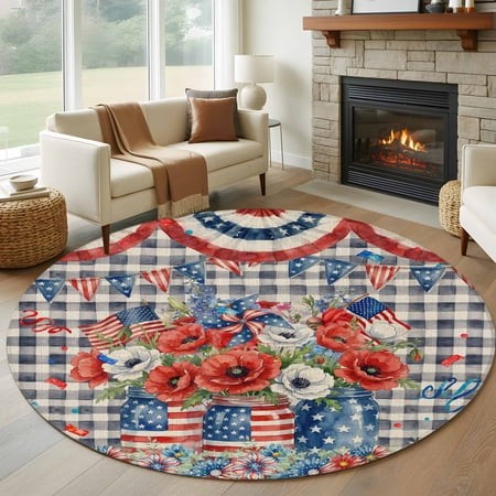 Round Area Rugs Collection 6 Ft  Independence Day Non-Slip Residential Carpet  Poppy Blue Floral Buffalo Plaid Indoor Crawling Mats Runner Rugs for Li