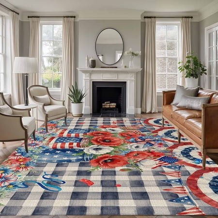 Rectangle Area Rugs 6 X 9 Ft  Independence Day Non-Slip Residential Carpet  Poppy Blue Floral Buffalo Plaid Indoor Crawling Mats Runner Rugs for Livin
