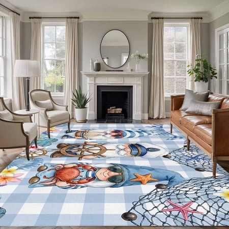 Rectangle Area Rugs 6 X 9 Ft  Summer Gnomes Nautical Non-Slip Residential Carpet  Blue Coastal Buffalo Plaid Indoor Crawling Mats Runner Rugs for Livi
