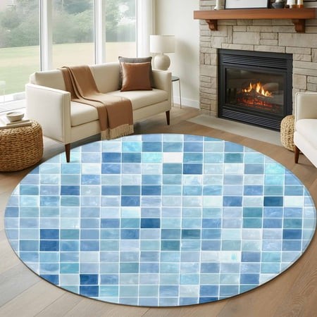 Round Area Rugs Collection 6 Ft  Blue Checkered Non-Slip Residential Carpet  Farmhouse Plaid Buffalo Elegant Geometric Indoor Crawling Mats Runner Rug
