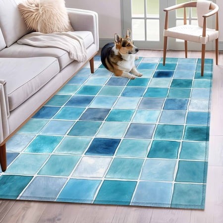 Rectangle Area Rugs 4 X 6 Ft  Teal Blue Checkered Non-Slip Residential Carpet  Farmhouse Plaid Buffalo Elegant Geometric Indoor Crawling Mats Runner R