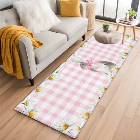 Kitchen Runner 2 X 6 Ft  Blue Easter Bunny Non-Slip Residential Carpet  Spring Daisy Modern Pink Buffalo Plaid Indoor Crawling Mats Runner Rugs for Li
