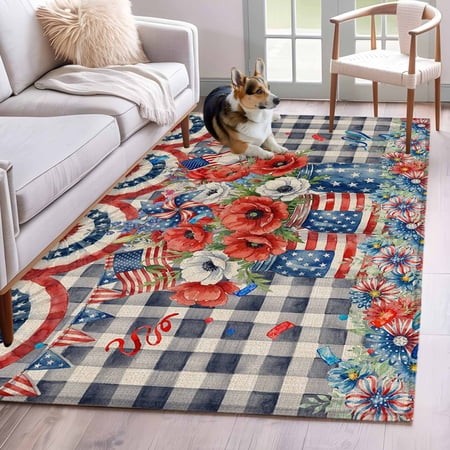 Rectangle Area Rugs 4 X 6 Ft  Independence Day Non-Slip Residential Carpet  Poppy Blue Floral Buffalo Plaid Indoor Crawling Mats Runner Rugs for Livin