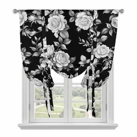 Black Rose Tie up Curtains for Windows  Adjustable Rod Pocket Valance Shade  Vintage Pastoral Botanical Floral Leaves Vines Light Filtering Window Tre