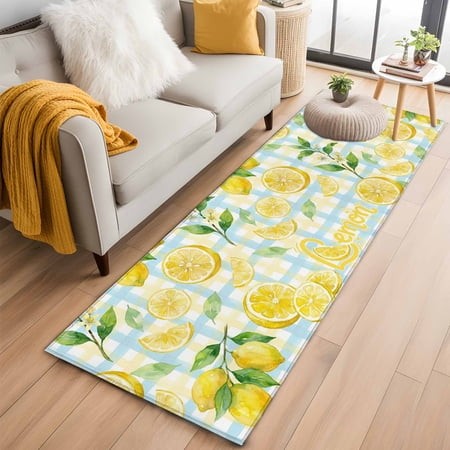 Kitchen Runner 2 X 6 Ft  Watercolor Lemons Non-Slip Residential Carpet  Summer Blue Yellow Buffalo Plaid Indoor Crawling Mats Runner Rugs for Living R