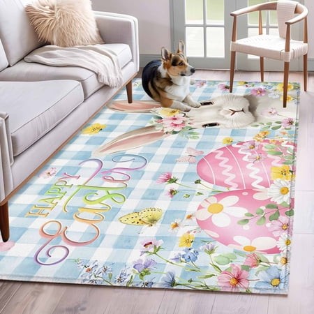 Rectangle Area Rugs 4 X 6 Ft  Blue Easter Non-Slip Residential Carpet  Spring Easter Bunny Eggs Floral Buffalo Plaid Indoor Crawling Mats Runner Rugs 