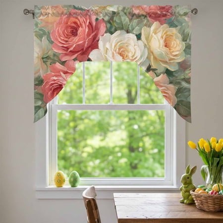 Vintage Pink Flower Swag Valances for Kitchen Window  Orange Rose Green Leaf Classic Romantic Small Swag Valances Rod Pocket Curtain Drapes Window Tre