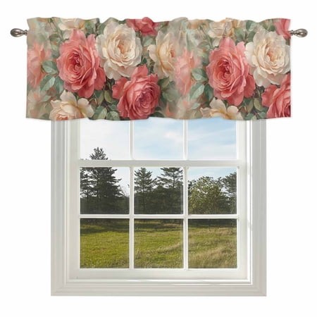 Pink Flower Valances for Windows  60x18in  Orange Rose Green Leaf Classic Romantic Style Rod Pocket Kitchen Valance Curtain Light Filtering Window Tre