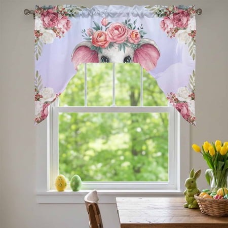 Cute Elephants Swag Valances for Kitchen Window  Pink Rose White Flowers Gradient Purple Blue Small Swag Valances Rod Pocket Curtain Drapes Window Tre