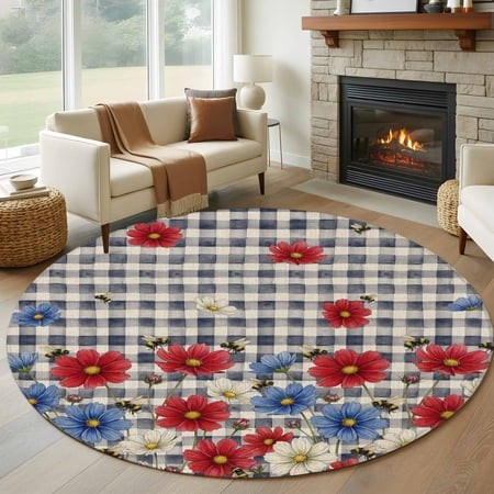 Round Area Rugs Collection 6 Ft  Red Blue Floral Non-Slip Residential Carpet  Independence Day Flowers Black Buffalo Plaid Indoor Crawling Mats Runner