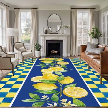 Rectangle Area Rugs 6 X 9 Ft  Watercolor Lemon Non-Slip Residential Carpet  Navy Blue Yellow Buffalo Plaid Summer Indoor Crawling Mats Runner Rugs for
